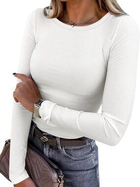 ANRABESS Women’s Classic Ribbed Long-Sleeve Top - White NWT size Plus 4X